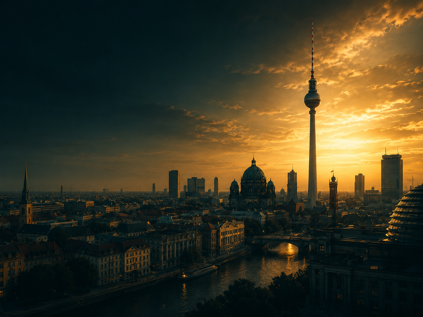 Berlin Skyline mit Fernsehturm im goldenen Abendlicht